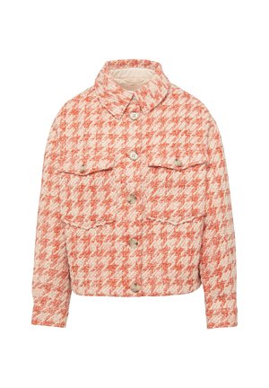 Rood en wit houndstooth-patronen jack van textuurstof, met een kraag, twee voorzakken en knoopsluitingen.