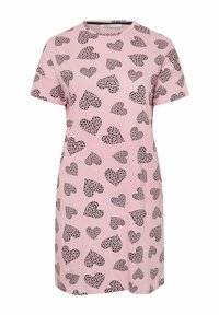 Rosa T-shirt klänning i mjukt tyg med ett mönster av svarta hjärtan. Korta ärmar och rund halsringning, designad för avslappnad användning.