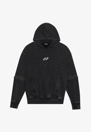 Sweat à capuche noir en coton. Présente un petit logo en spirale blanc, une poche kangourou et des poignets et un ourlet côtelés.