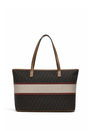 Sac fourre-tout noir et marron à motifs avec des poignées couleur camel et une bande horizontale beige embossée du logo "Liu Jo Milano".