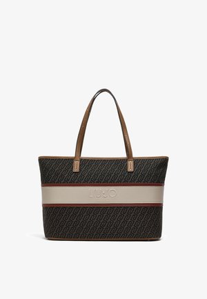 Sort og brunt mønstret mulepose med beige håndtag og et beige horisontalt bånd præget med "Liu Jo Milano" logo.