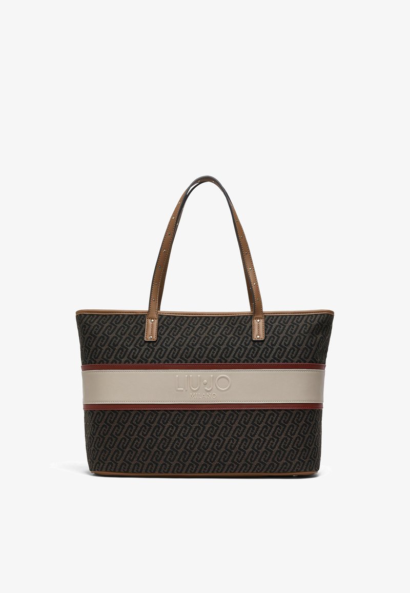 Sac fourre-tout noir et marron à motifs avec des poignées couleur camel et une bande horizontale beige embossée du logo "Liu Jo Milano".
