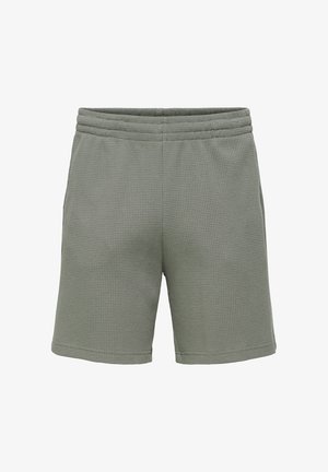 Szare szorty z fakturowanej tkaniny z elastycznym paskiem w talii, prostym dołem i bez widocznych kieszeni na białym tle.