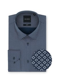 Granatowa, dopasowana koszula z białym geometrycznym wzorem w diamenty; zawiera kołnierzyk zapinany na guziki oraz mankiety zapinane na dwa guziki.