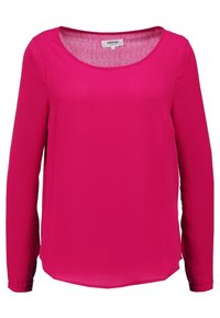 Haut à manches longues en tissu rose vif avec une texture lisse, présentant un col rond et une coupe décontractée. Design simple sans motifs.