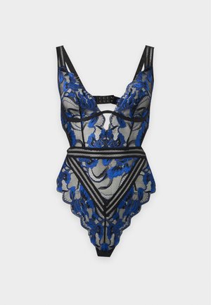 Body en maille noire avec broderie en dentelle florale bleue, bretelles ajustables et bonnets armatures sur fond blanc.