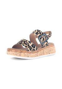 Sandály na klínu s leopardím vzorem, majícími podešev s korkovou texturou, dvě široké šle, dekorativní sponu a bílou gumovou podrážku.