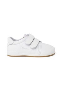 Sneaker bianche in Velcro con tomaia liscia simile alla pelle, suola in gomma e discreta marcatura sul lato. Punta arrotondata e colletto imbottito.
