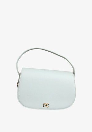 Borsa a tracolla in pelle bianca con pattina curva e logo CC intrecciato in oro sul davanti, tracolla singola per il trasporto.