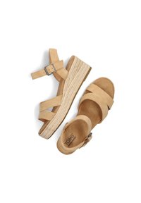 Tan suede wedge sandals with crisscross straps and buckle. Braided jute accents at midsole. Soft footbed with branded logo.