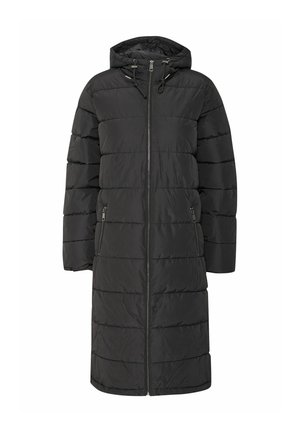 Cappotto imbottito lungo e nero con cappuccio, dotato di chiusura a zip frontale, design con pannelli cuciti verticalmente e due tasche laterali con zip.