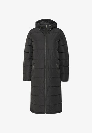 Cappotto imbottito lungo e nero con cappuccio, dotato di chiusura a zip frontale, design con pannelli cuciti verticalmente e due tasche laterali con zip.