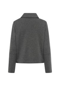 Giacca grigia a motivo spigato con maniche lunghe e ampio colletto, mostrata sul retro su uno sfondo bianco.