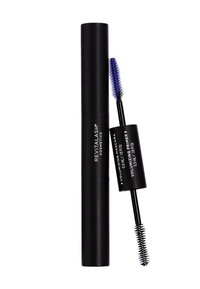 Tubetto cosmetico duale nero che presenta un mascara volumizzante e un primer. Il pennello ha setole corte e dense. Design cilindrico semplice.