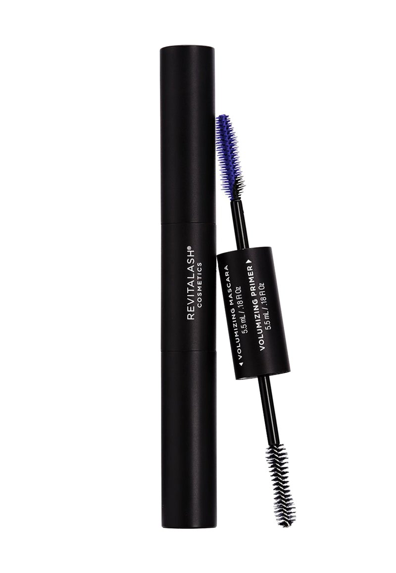 Tubetto cosmetico duale nero che presenta un mascara volumizzante e un primer. Il pennello ha setole corte e dense. Design cilindrico semplice.
