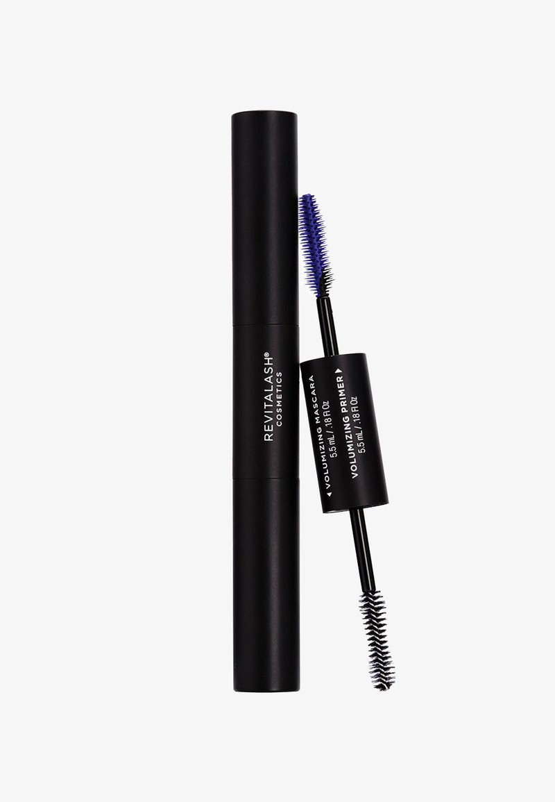 Tubetto cosmetico duale nero che presenta un mascara volumizzante e un primer. Il pennello ha setole corte e dense. Design cilindrico semplice.