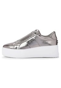 Silver metallic platform sneaker with white thick sole, slip-on design, and Carvela logo on the side.
