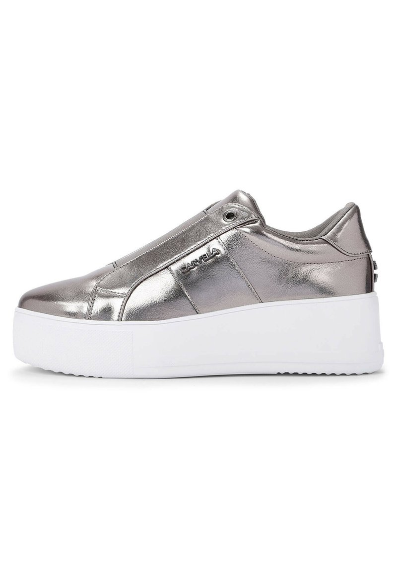 Silver metallic platform sneaker with white thick sole, slip-on design, and Carvela logo on the side.