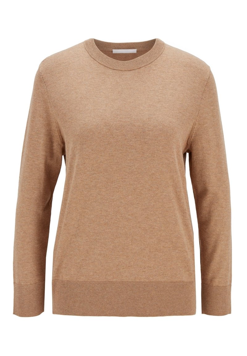Pull beige à manches longues avec col rond, poignets et ourlet côtelés, présenté à plat sur un fond blanc.