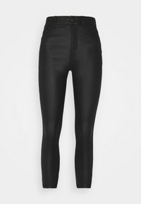 Černé vysoké skinny džíny vyrobené z elastického materiálu, s předním zapínáním na knoflík, poutky na opasek a hladkým, lesklým povrchem.