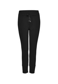 Pantalon de survêtement noir fuselé avec taille à cordon et poignets zippés sur fond blanc uni.