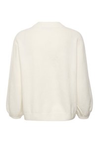 Maglione color crema realizzato in tessuto morbido, caratterizzato da un collo rotondo, maniche a palloncino e orlo a coste. La parte posteriore è semplice e priva di decorazioni.