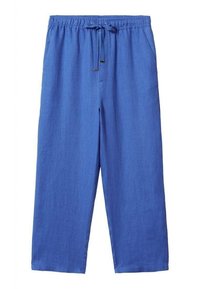 Pantalon décontracté bleu avec ceinture élastique et cordon, jambes droites et poches latérales.