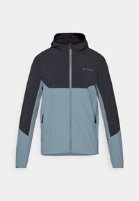 Herremodeller med hette i totonedesign, med mørk marineblå topp og lys blå nederdel; inkluderer glidel�åslommer og glatt tekstur.