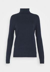 Tummansininen pitkähihainen pooloneule, jossa on ribbireunukset kauluksessa, hihoissa ja helmassa, valkoista taustaa vasten.