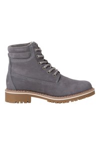 Botas de tobillo de ante gris con puntera redonda, costuras en contraste, ojales de metal y cordones planos. Suela de goma con agarre texturizado.