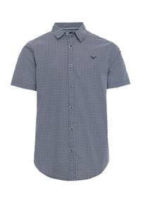Kortærmet skjorte med knapper i navy og hvidt geometrisk mønster, der har en spredt krave og en regular fit. Fremstillet af letvægtigt stof.