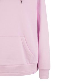 Hellrosa Kapuzenpullover mit Kängurutasche, gerippten Bündchen und Saum, mit Kordelzügen und einer weichen Stofftextur.