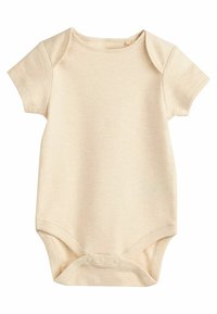 Kortärmad babydräkt i ljusbeige bomull med rund halsringning, tryckknappar i botten och mjuk textur.