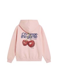 Sweat à capuche rose clair avec un imprimé de deux grosses cerises et le texte « Change the game, Sweet Life in Monaco » au dos.