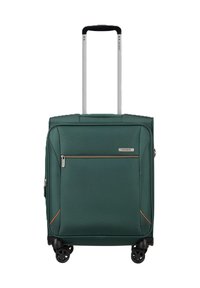 Valigia morbida verde con manico telescopico, tasca frontale con zip, quattro ruote piroettanti nere e logo Samsonite sul pannello anteriore.