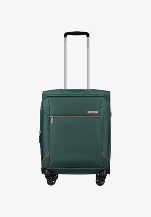 Valigia morbida verde con manico telescopico, tasca frontale con zip, quattro ruote piroettanti nere e logo Samsonite sul pannello anteriore.
