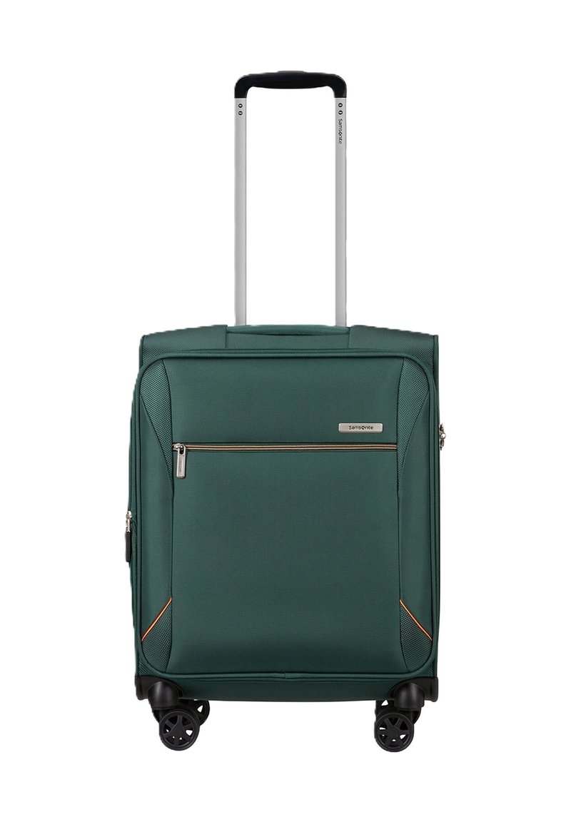 Valigia morbida verde con manico telescopico, tasca frontale con zip, quattro ruote piroettanti nere e logo Samsonite sul pannello anteriore.