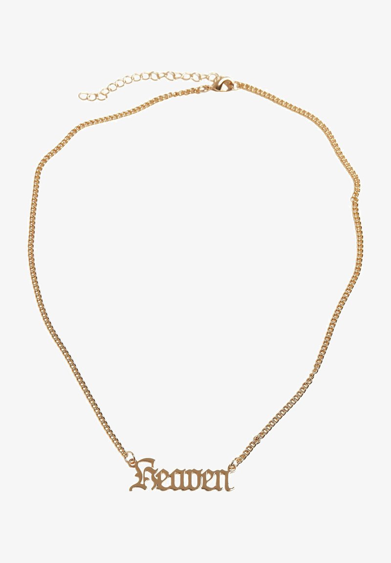 Gold metal necklace featuring the word "Heaven" in a flowing, gothic font. Includes a delicate chain with an adjustable clasp.