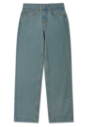 Helleblaue Jeans aus Denim mit geradem Bein. Verfügt über fünf Taschen, einen Knopfverschluss und Gürtelschlaufen. Leicht ausgewaschene Textur.