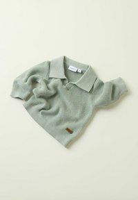 Maglione di un verde chiaro lavorato a maglia con colletto, scollo a V, maniche lunghe e un'etichetta in pelle sull'orlo. Texture liscia e design informale.