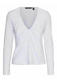 Top bianco a maniche lunghe con scollatura a V profonda, caratterizzato da tessuto arricciato lungo il collo e una texture liscia. Realizzato in un materiale elastico.