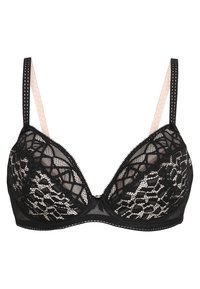 Svart blonde bh med dyp utringing, preget av geometriske mønstre, gjennomsiktige paneler og justerbare stropper med en subtil rosa aksent.