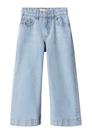 Hellblaue Jeans mit weitem Bein, vorn mit Knöpfen, Gürtelschlaufen und Fünf-Taschen-Stil.