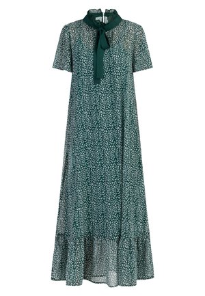 Roheline lilleline kleit lühikeste varrukatega, rüüditud kaelusega ja lipsu detailiga. Valmistatud kerge kangaga, millel on laiendatud hem ja valged mustrid.