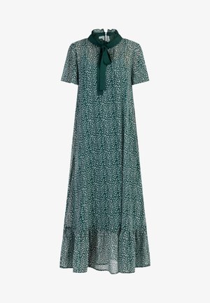 Roheline lilleline kleit lühikeste varrukatega, rüüditud kaelusega ja lipsu detailiga. Valmistatud kerge kangaga, millel on laiendatud hem ja valged mustrid.