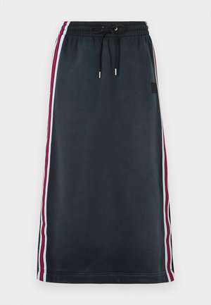 Černá midi sukně s elastickým pasem, černou šňůrkou a bočními pruhy v světle modré, červené a černé barvě.