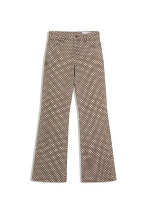 Brązowe spodnie z wysokim stanem o prostych nogawkach w białe kropki, z przodem zapinanym na guziki, suwakiem i pięcioma kieszeniami.