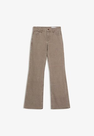 Pantaloni maro cu talie înaltă, croială dreaptă, cu buline albe, nasture în față, fermoar și design cu cinci buzunare.