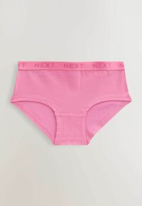 Boxer di cotone rosa con un elastico che presenta il nome del marchio "NEXT" in un motivo ripetuto sulla cintura.