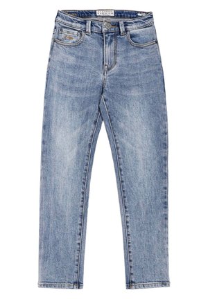 Jeans de mezclilla de color azul claro con un diseño de pierna recta, que cuentan con bolsillos frontales y traseros, y un ligero patrón de desgaste. Cintura estándar y costura.